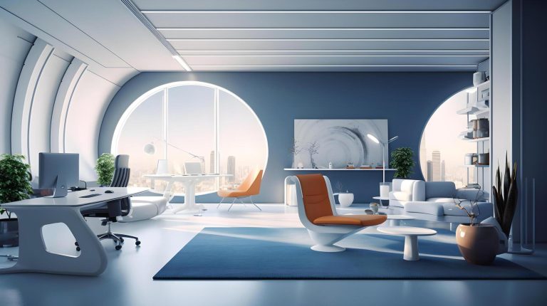 modern-futuristic-interior-office-design-with-warm-tones-of-blue-futuristic-conference-room-interior-workplace-and-corporate-concept-3d-rendering-generative-ai-illustration-free-photo